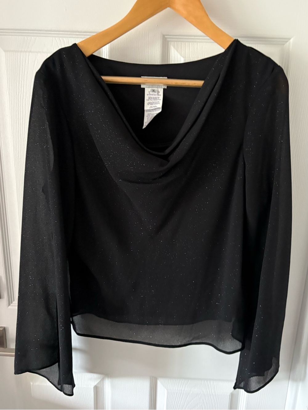 Metaphor Black Shimmer Cowl Neck Sheer Sleeve Blouse Top XL Evening Party